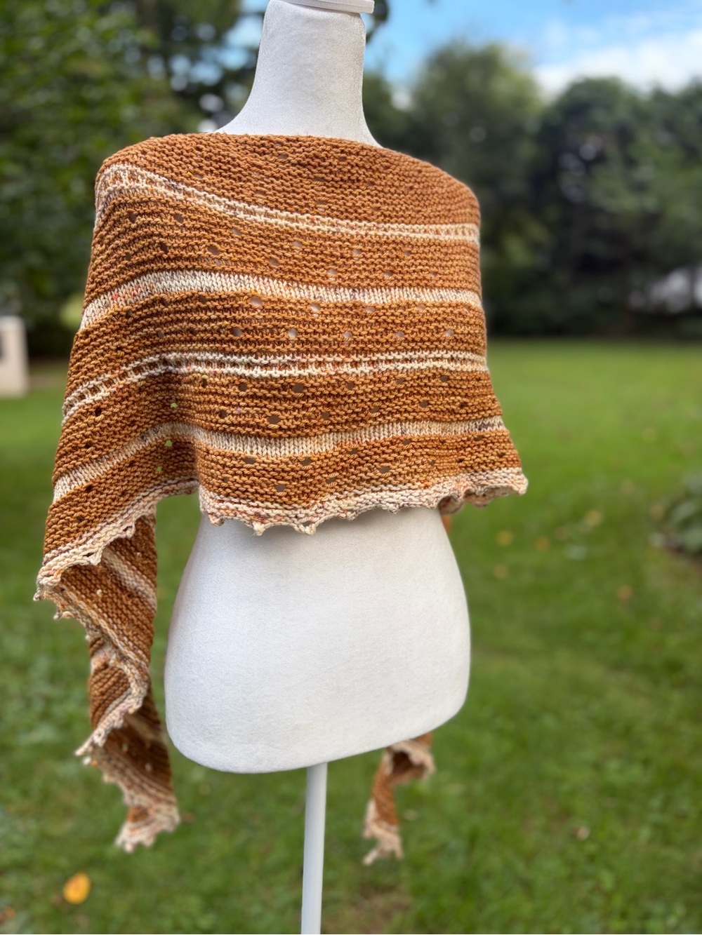 Custom Pumpkin Spice Luxury Merino Hand Knit Fall Shawl in Tan, Cream & Caramel